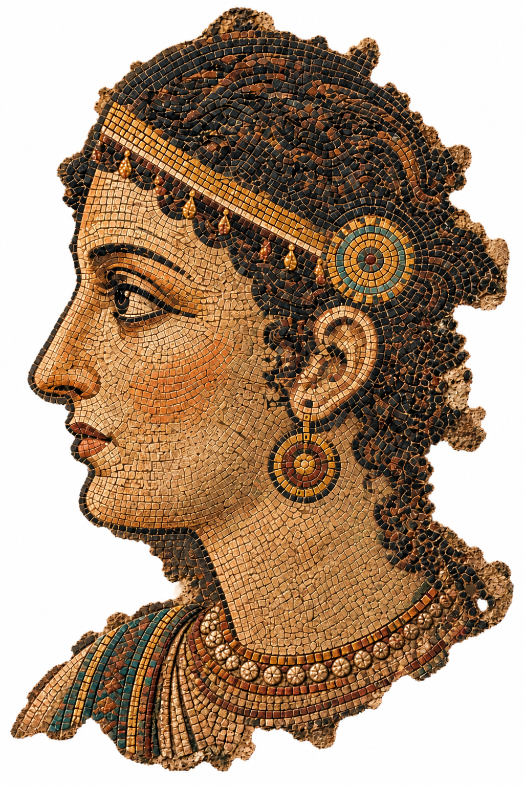An irregular ancient mosaic fragment depicting a woman in profile