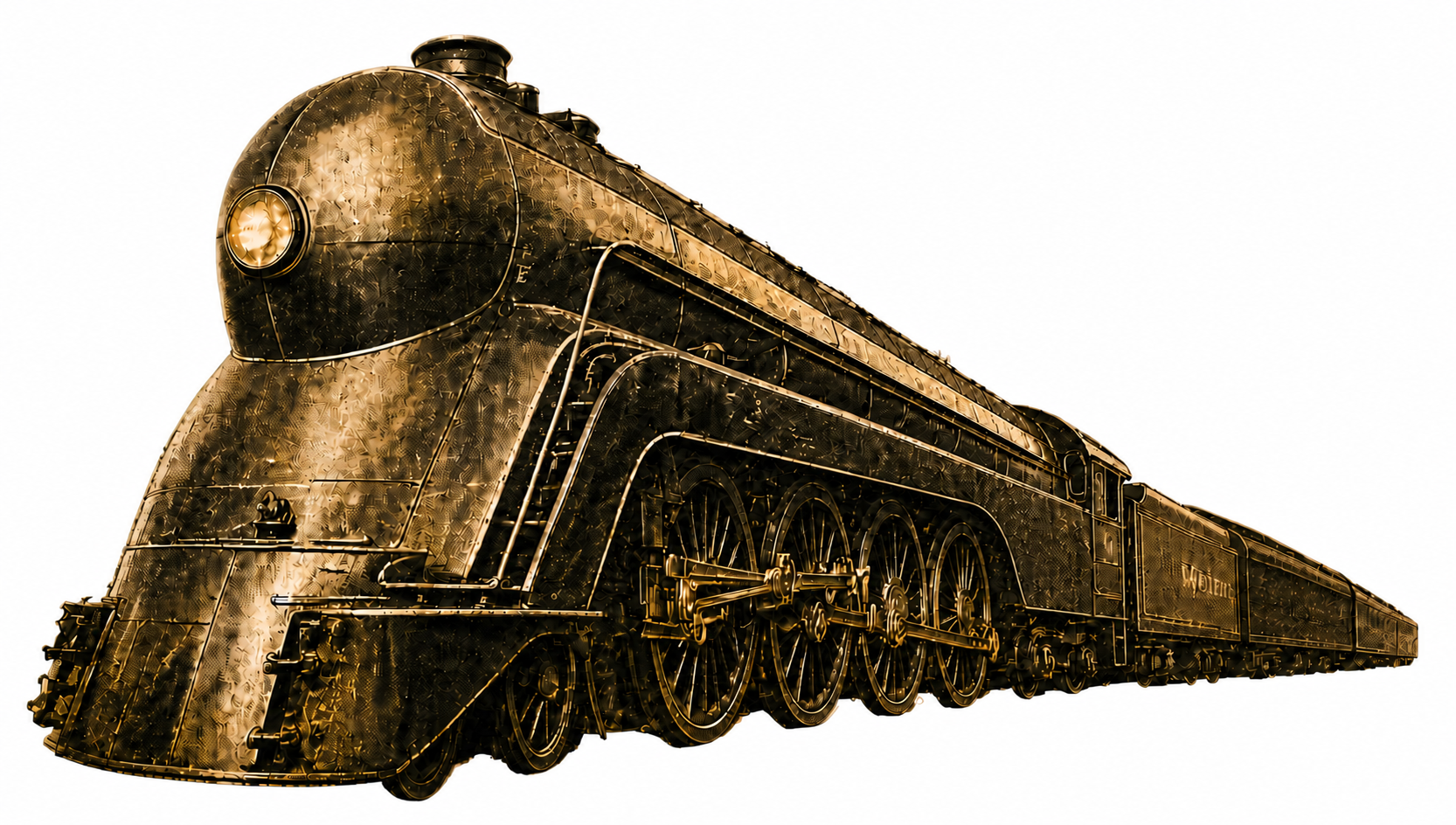 A streamlined archival locomotive rendered like an old photogravure