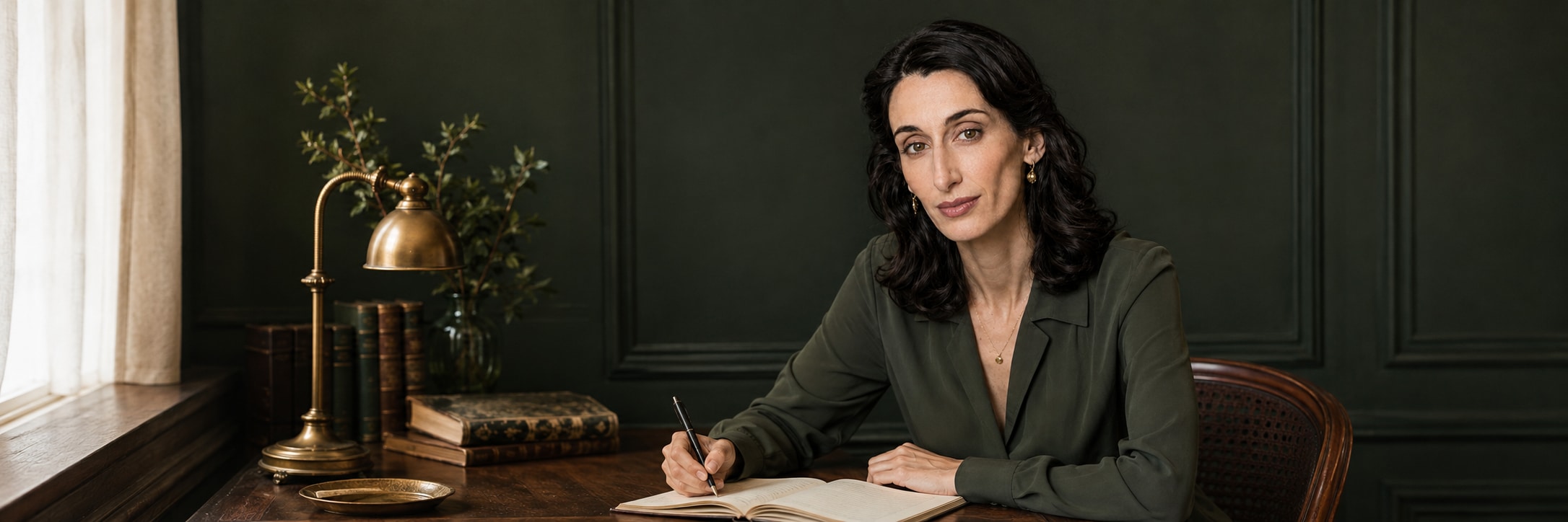 Vona smiling warmly across a walnut writing desk in her deep-green study