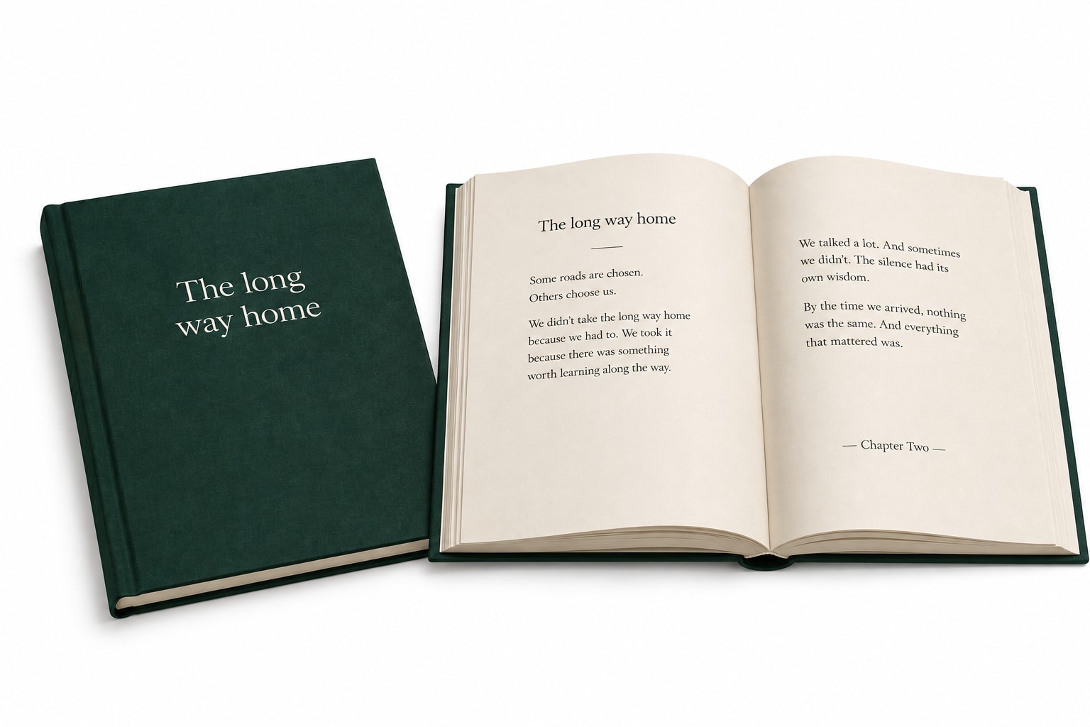 Illustrative printed edition of The long way home: a deep-green clothbound cover and an open, beautifully typeset copy